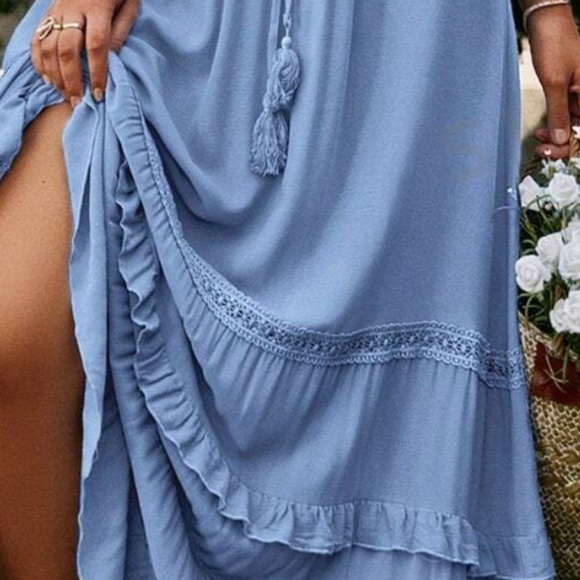 Boho Navy Blue Ruffle Hem Tassel Summer Maxi Skirt - Picture 9 of 12